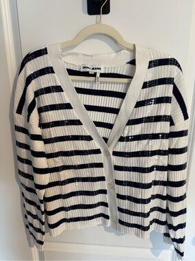 DKNY Sequin & Stripe V-Neck Boxy Cardigan Sweater Size Large NWT
